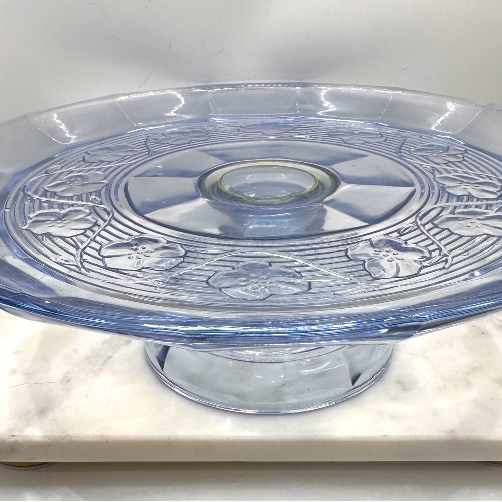 SOLD Vintage Avalon Blue  Rare Pansies Cake Plate by Anchor Hocking 11.5 “x 4”